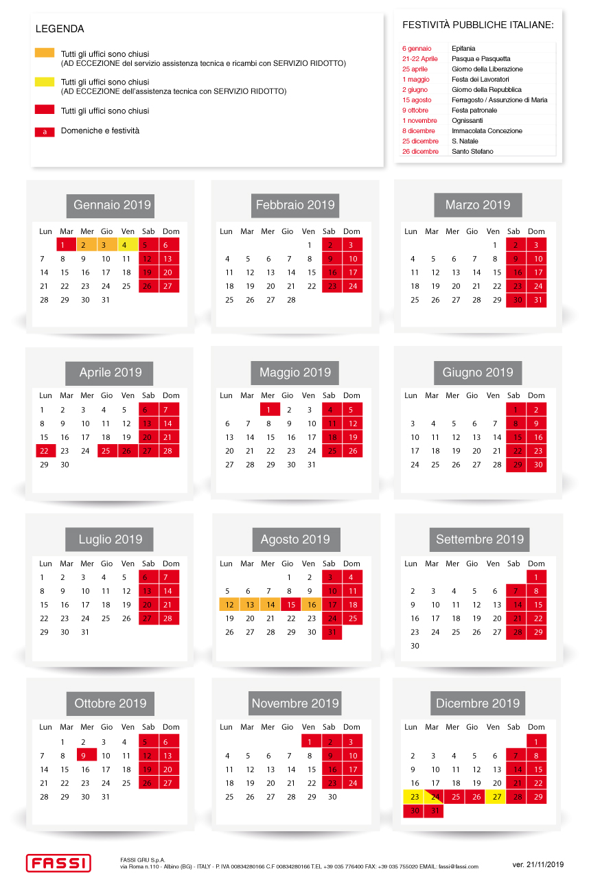 Calendario chiusure aziendali 2019