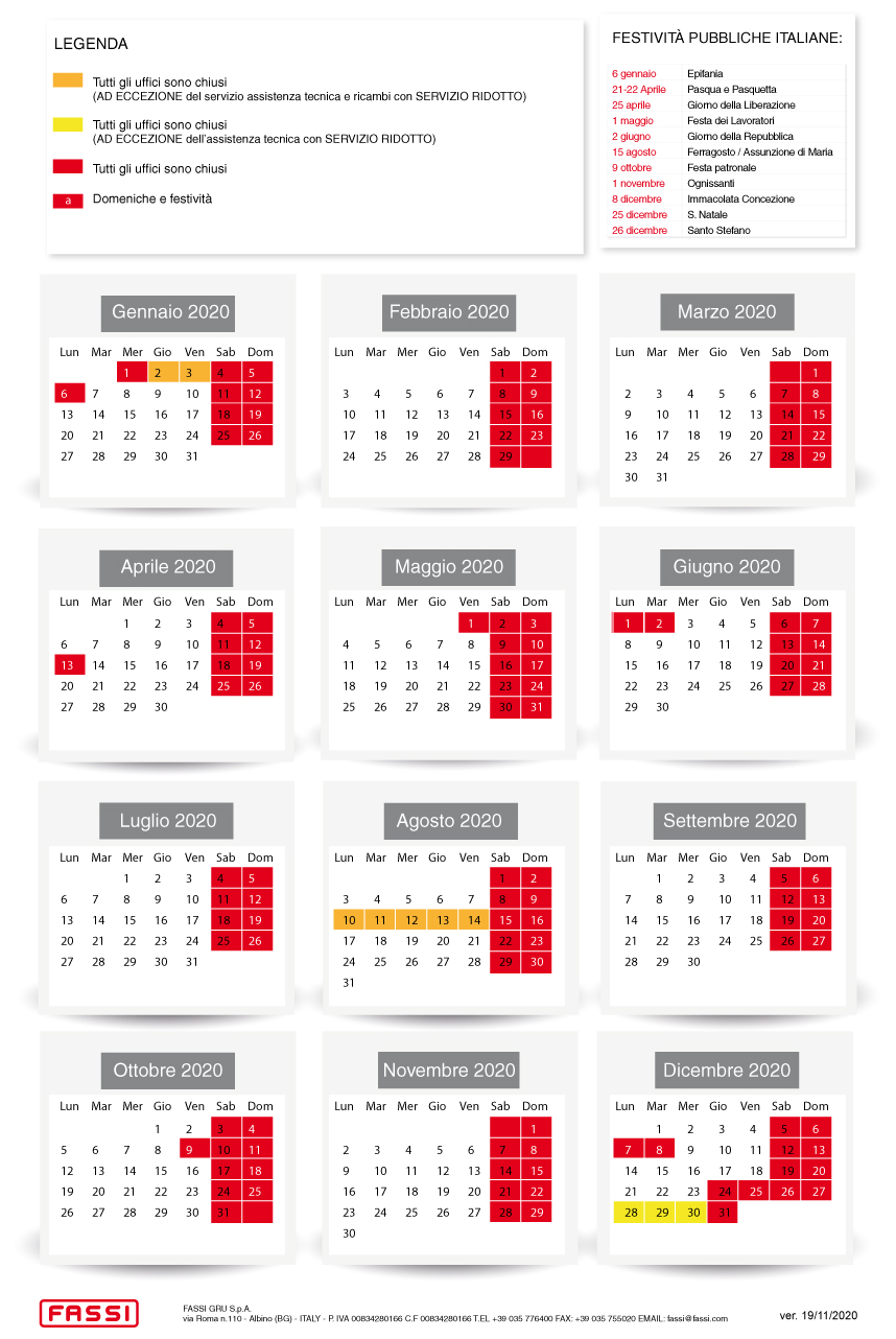 Calendario chiusure aziendali 2020