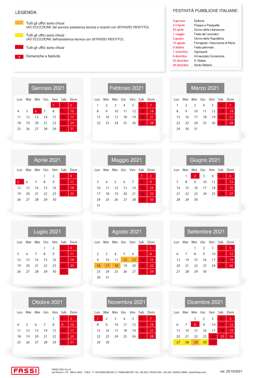 Calendario chiusure aziendali 2021