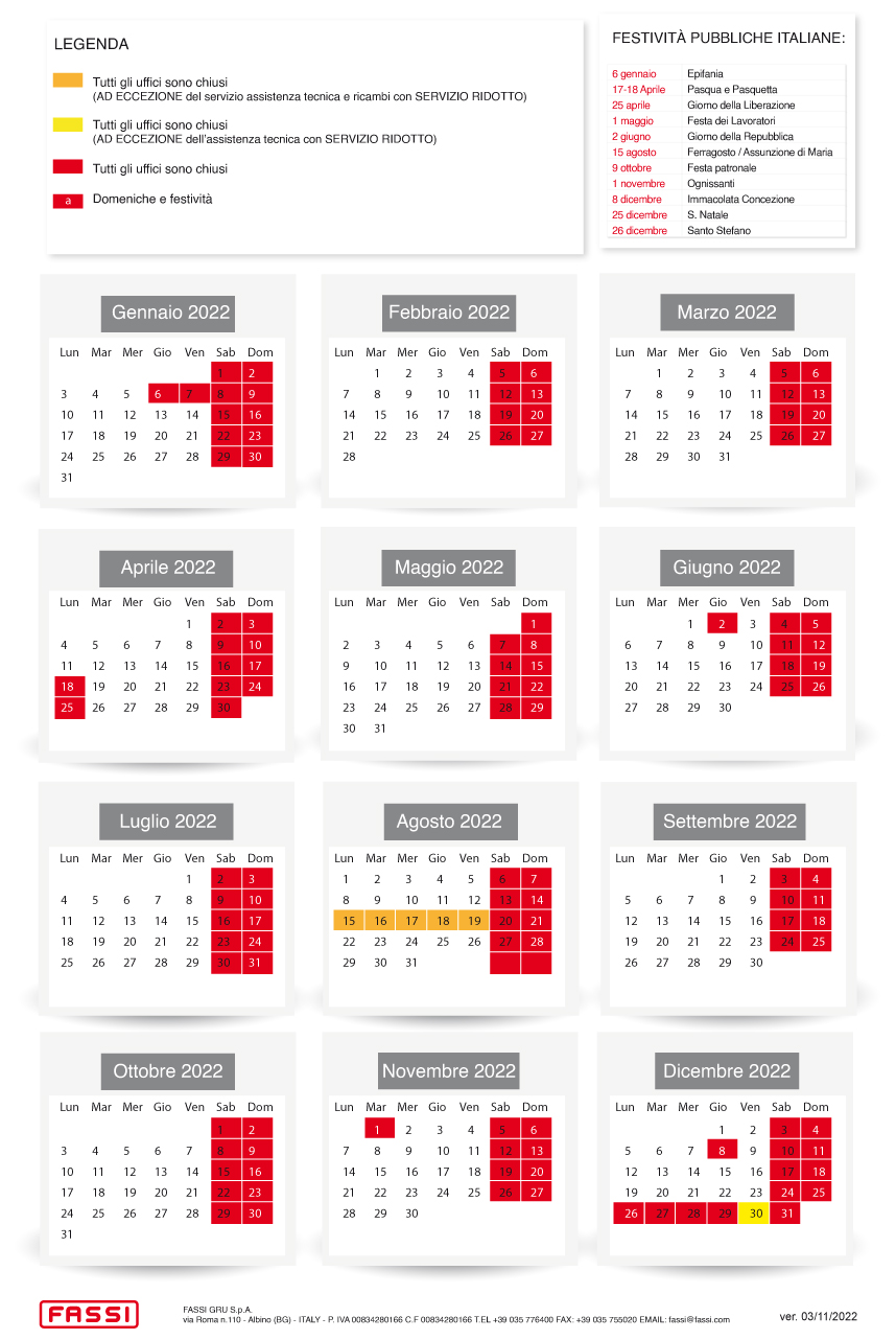 Calendario chiusure aziendali 2022