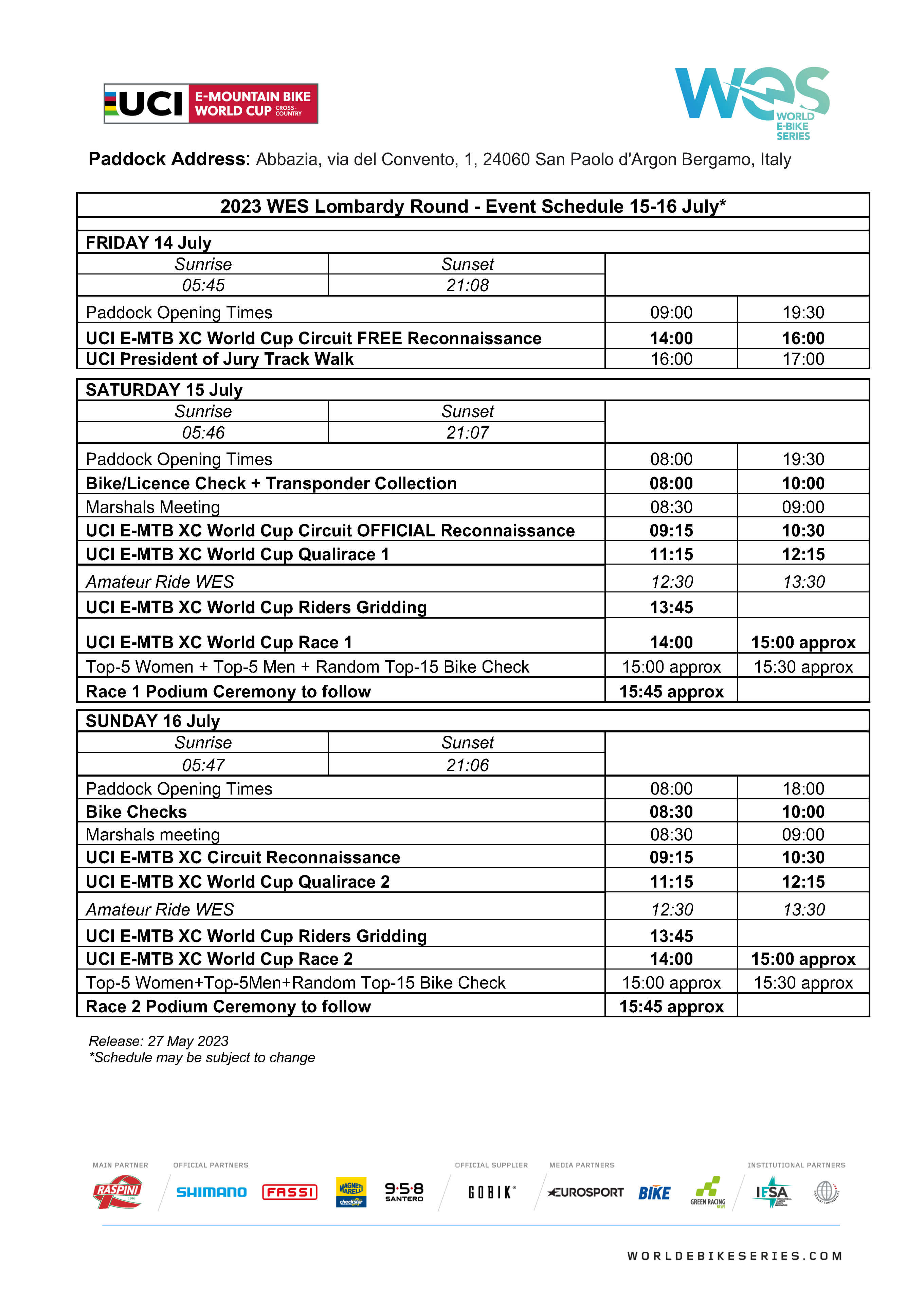 2023 WES Lombardy Event Schedule