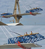 Dos de las cuatro grúas Fassi F1100RA.2.28 he-dynamic en el trabajo sobre el nuevo puente de Cádiz