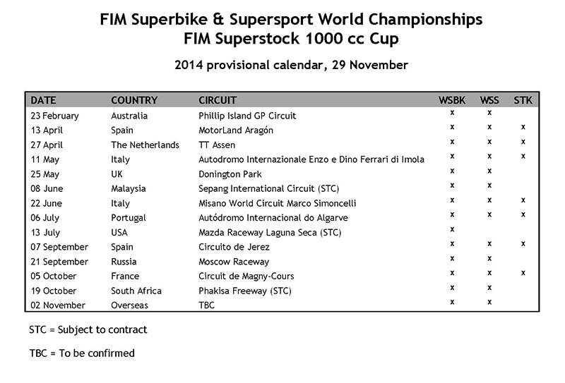 FIM SBK WorldChampship 2014 provisional calendar 291113